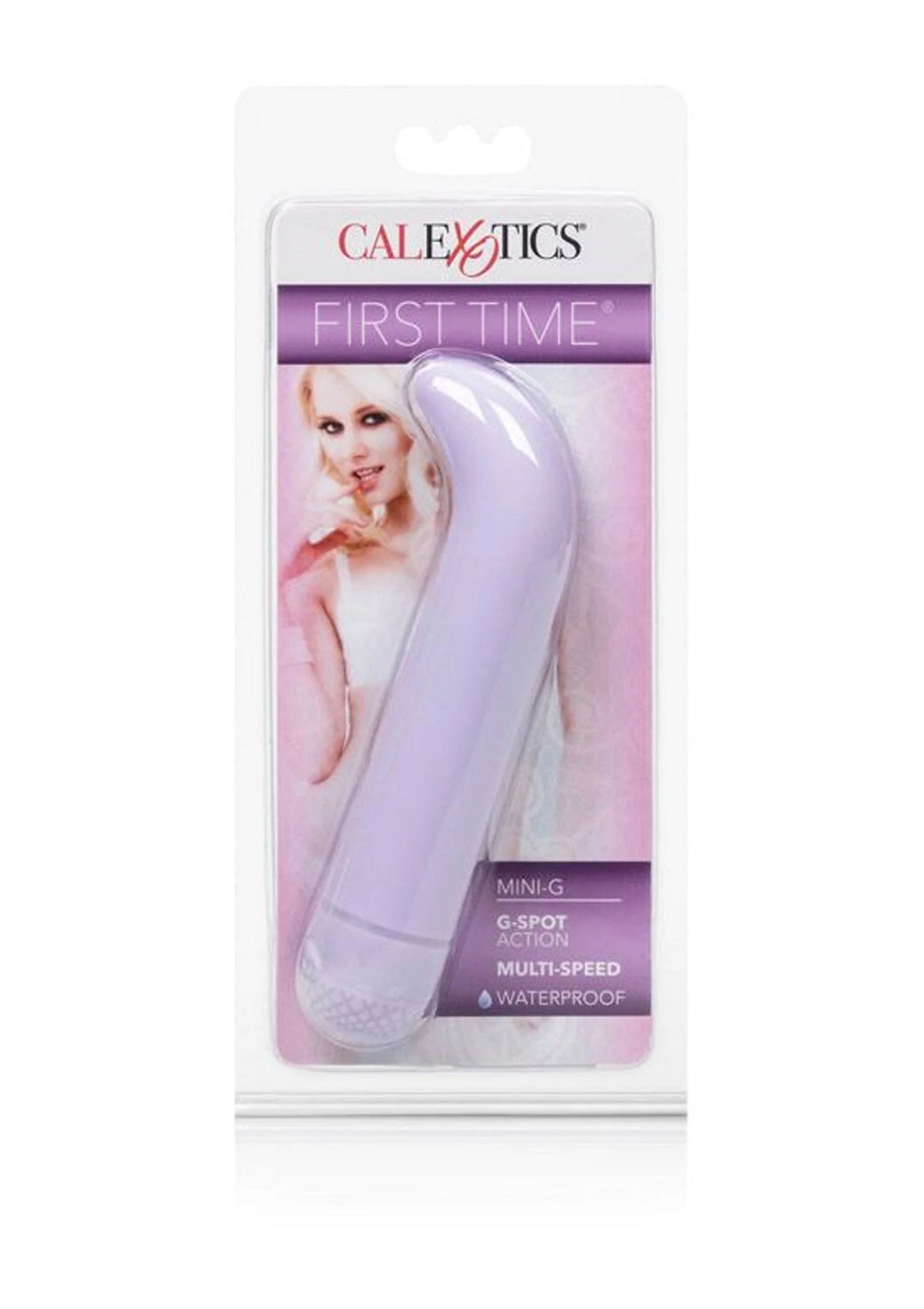 CalExotics First Time verpakking met lichtpaars Mini-G vibrator in blister
