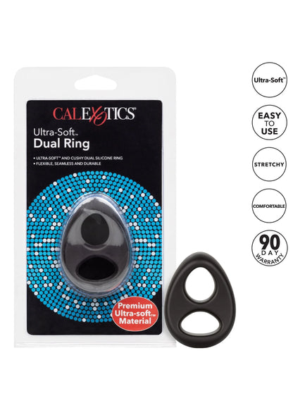 CalExotics Ultra-Soft dual ring set: zwarte siliconen ring en verpakking