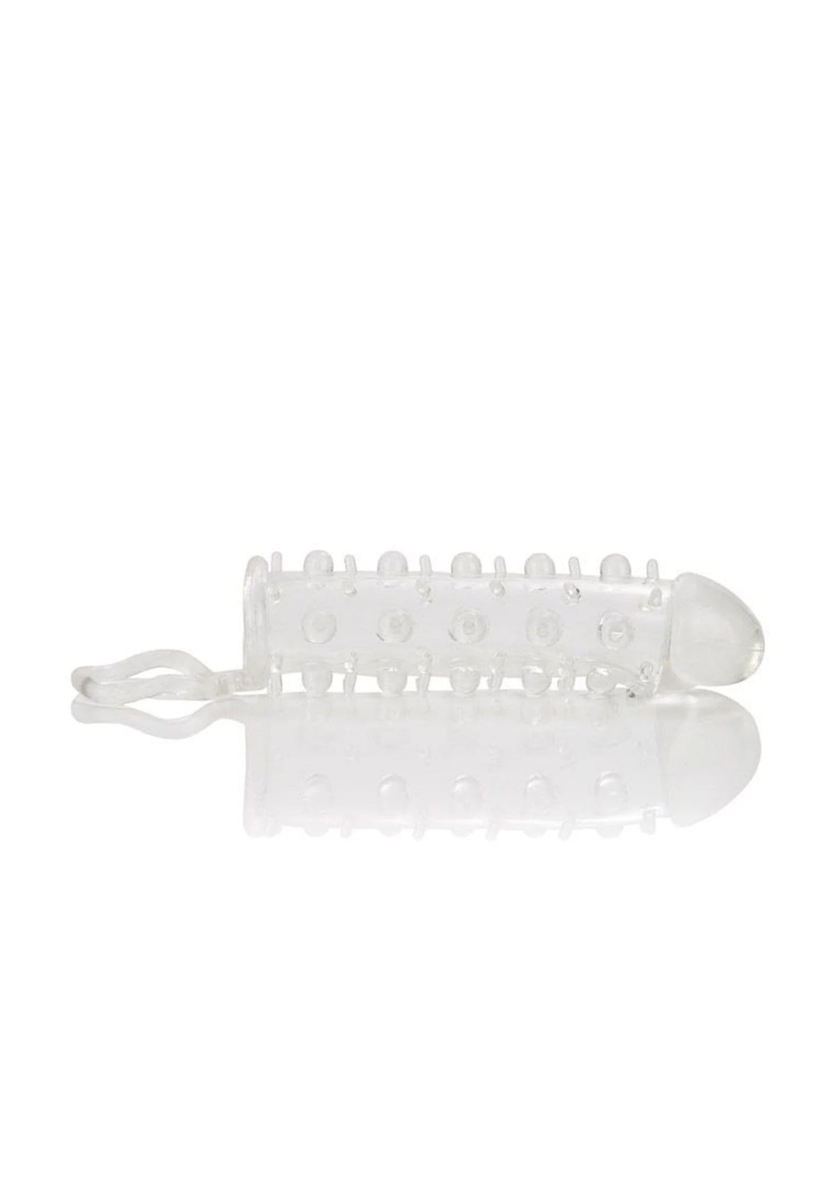 Transparante penis-mouw/extender met noppen en lusbandje, plat weergegeven