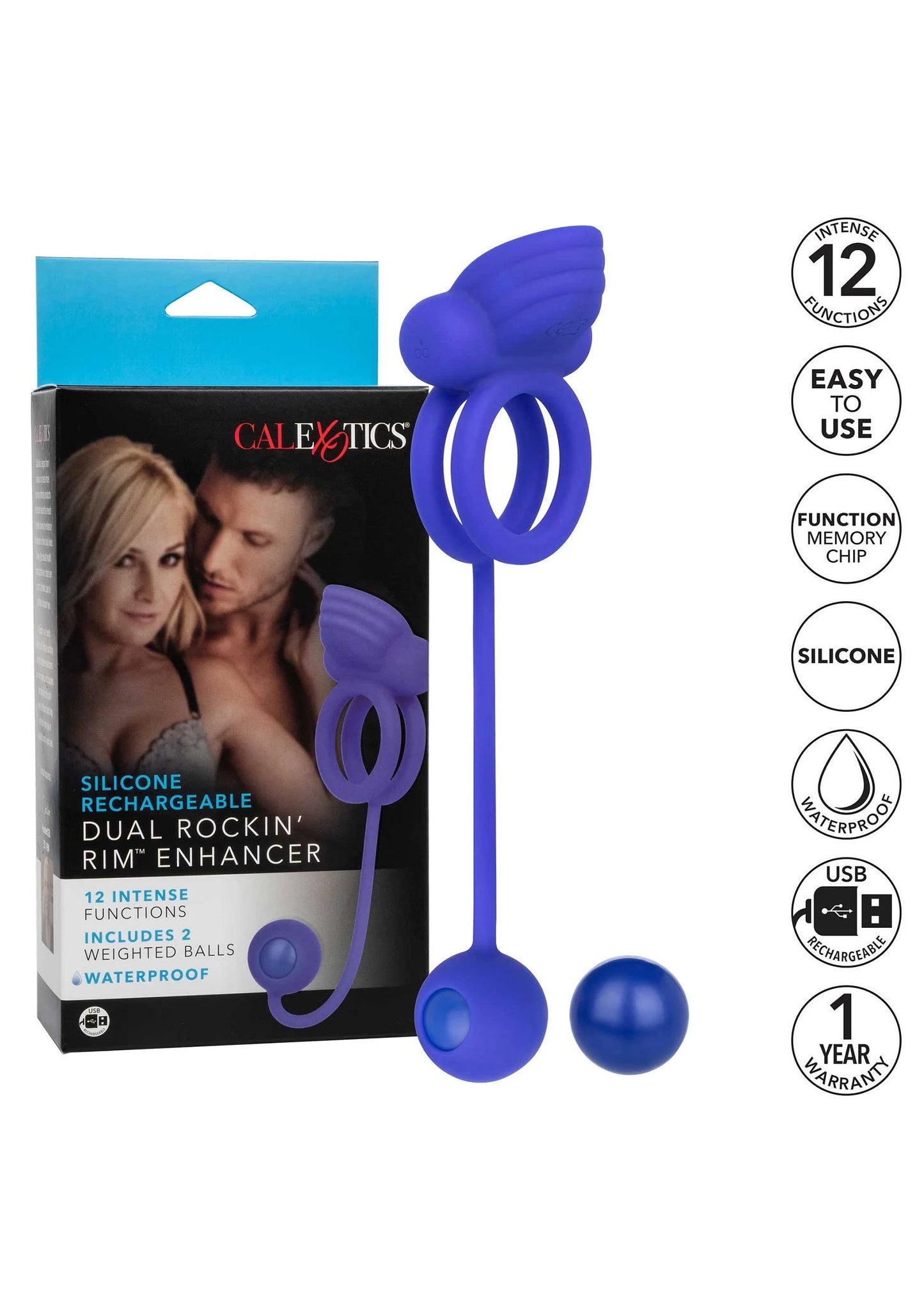 Blauwe siliconen dubbele rim-enhancer met handgreep, twee ringen en twee bolletjes