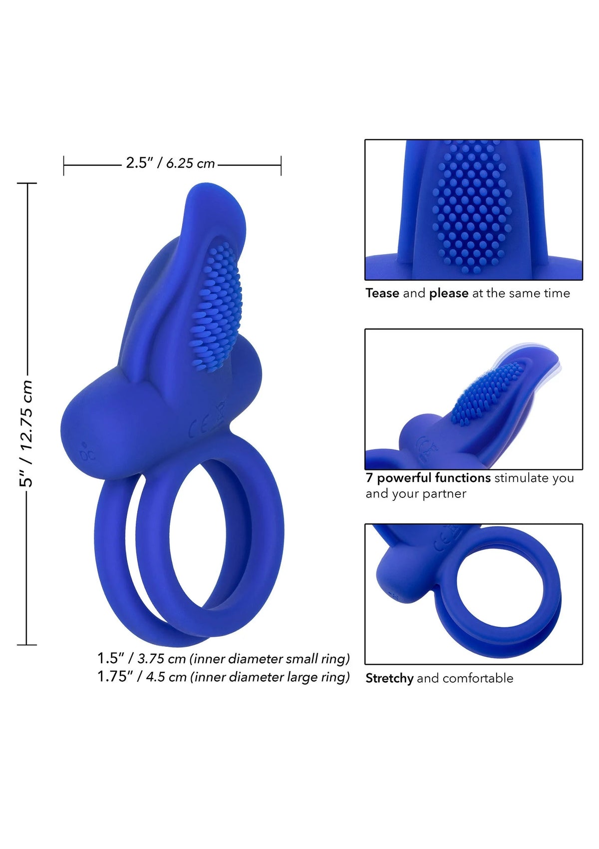 Blauwe siliconen ring en dual enhancer met ribbels, met afmetingen en detailvakken