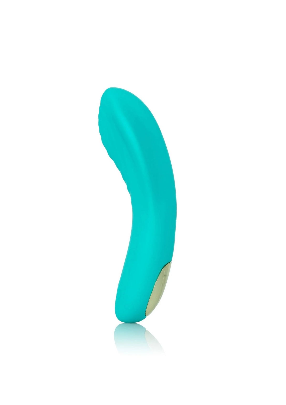 Turquoise vibrator van opzij; afgeronde vorm met metalen contactpunt onderaan.