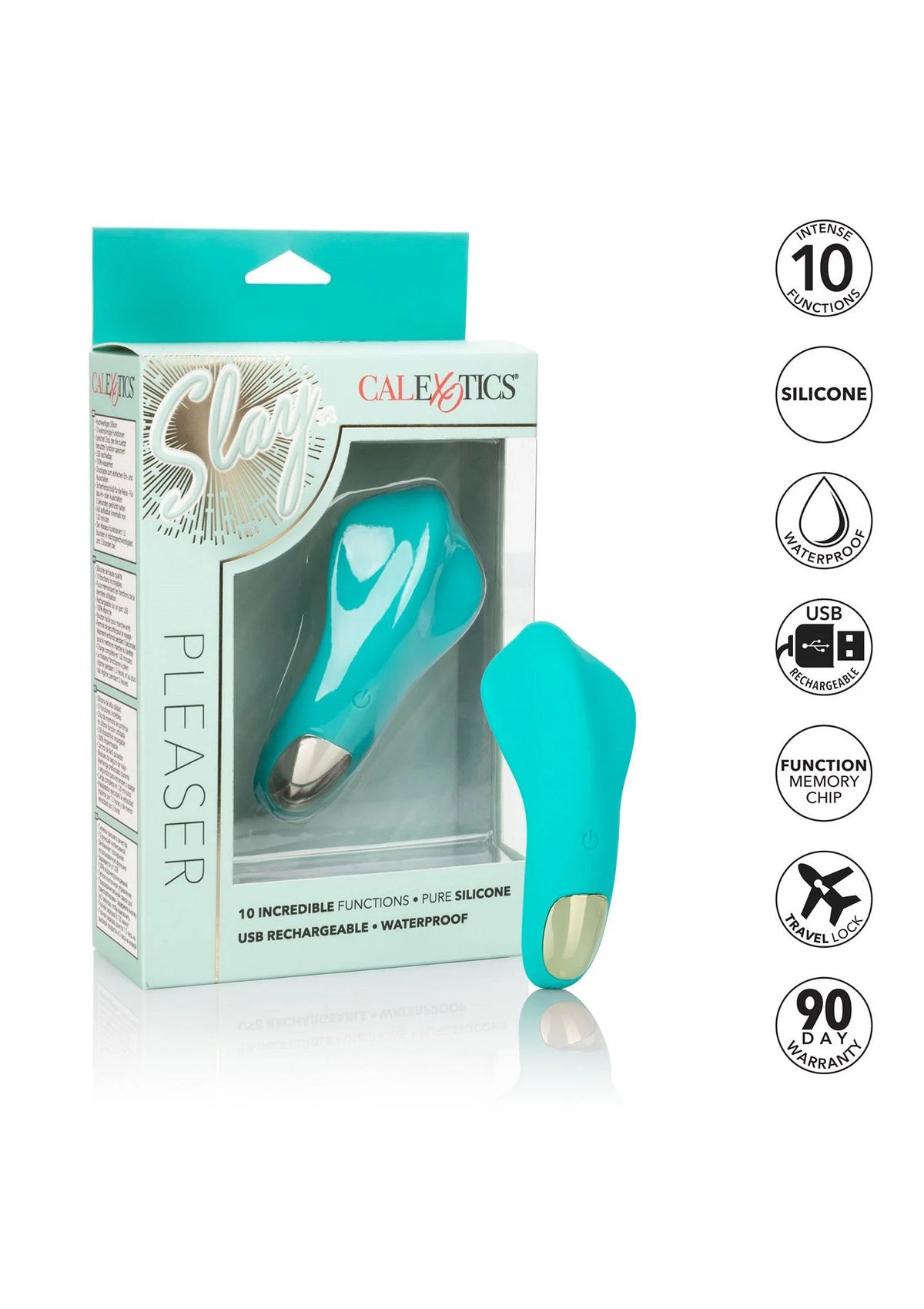 CalExotics Slay Pleaser vibrator in turquoise; doos met apparaat zichtbaar.