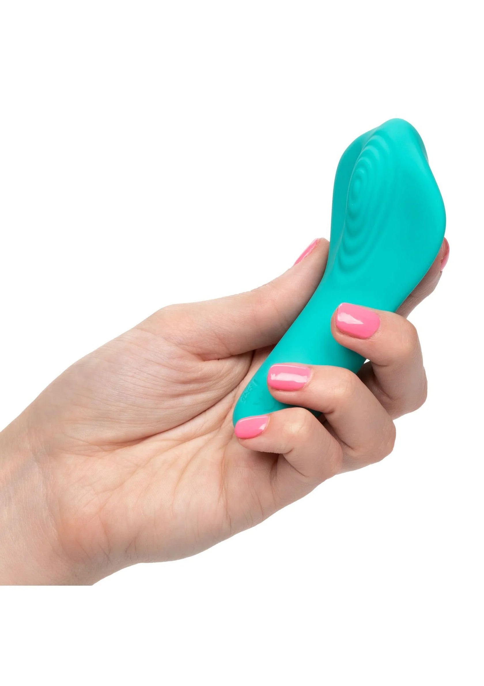 Turquoise vibrator vastgehouden in hand; siliconen oppervlak met afgeronde uiteinden.