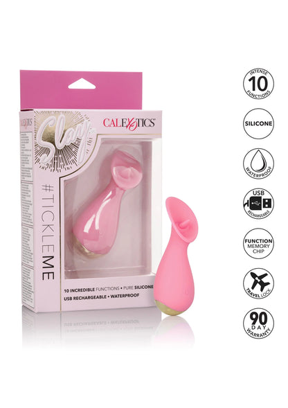 Slay #TickleMe productverpakking met roze vibrator in venster en keurmerkiconen