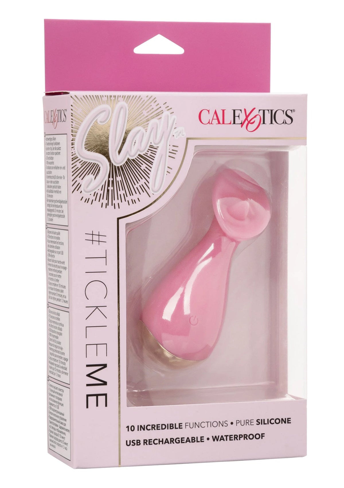 CalExotics Slay #TickleMe verpakking in roze met productfoto in doorzichtige venster