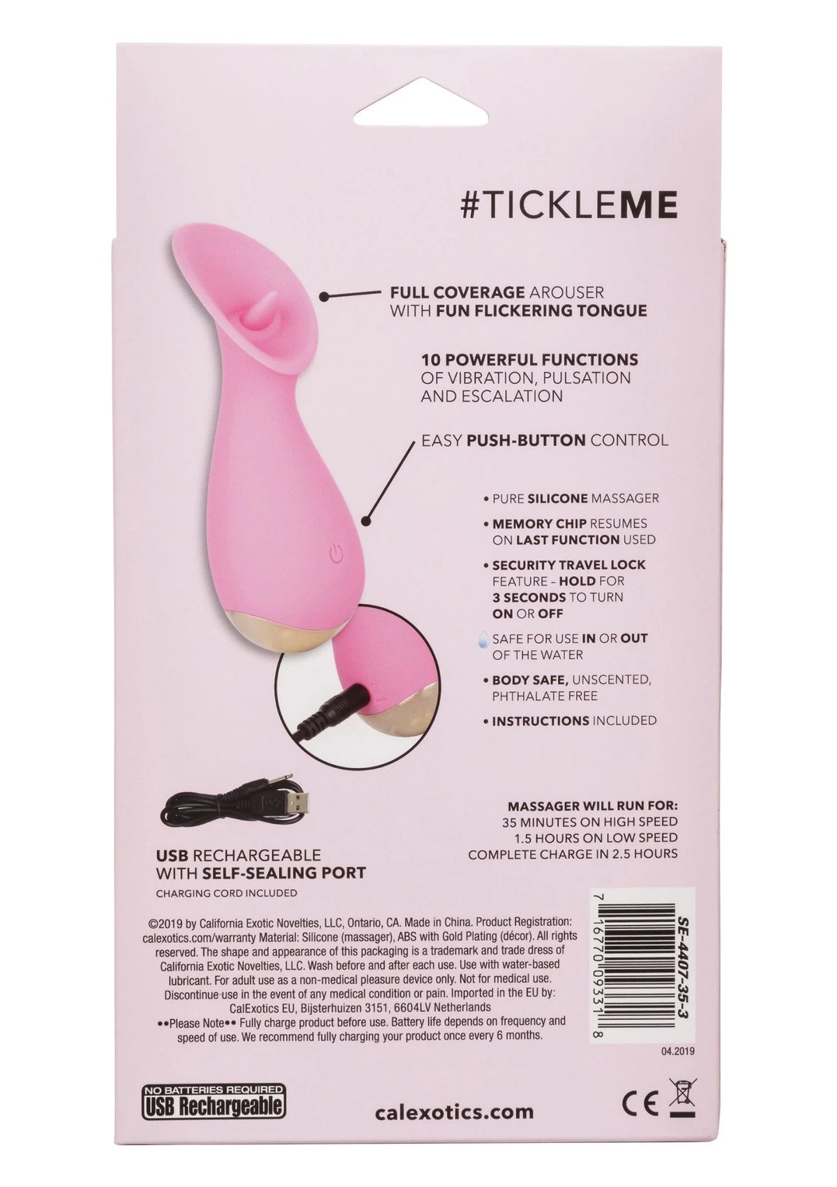 Roze en zwarte productverpakking van Slay #TickleMe met functies en knopbediening