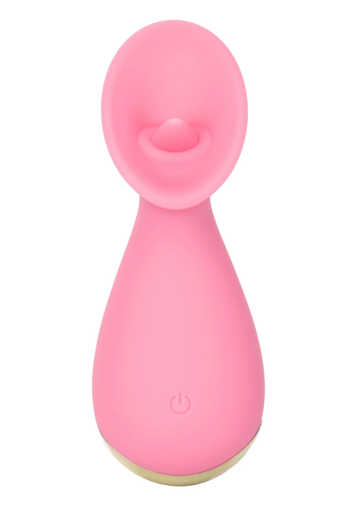 Roze siliconen vibrator met ovale kop en aan/uit-knop; recht frontaanzicht