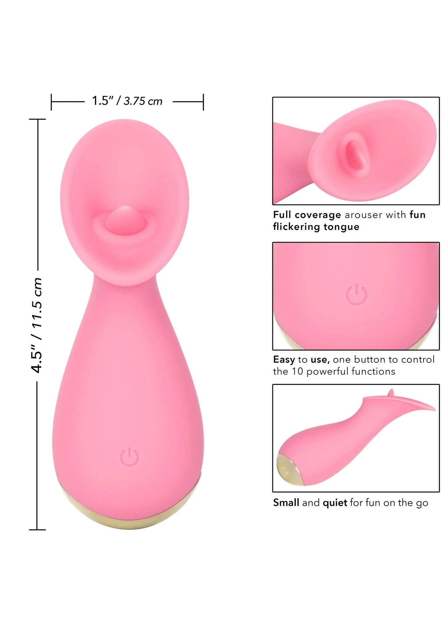 Roze siliconen aroused met flikkertong, aan/uit-knop en afmetingen op afbeelding