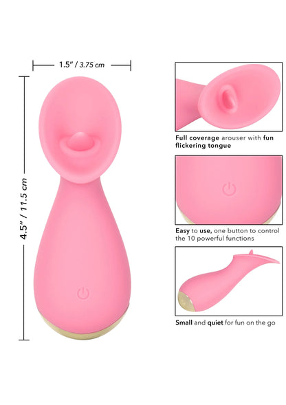 Roze siliconen aroused met flikkertong, aan/uit-knop en afmetingen op afbeelding