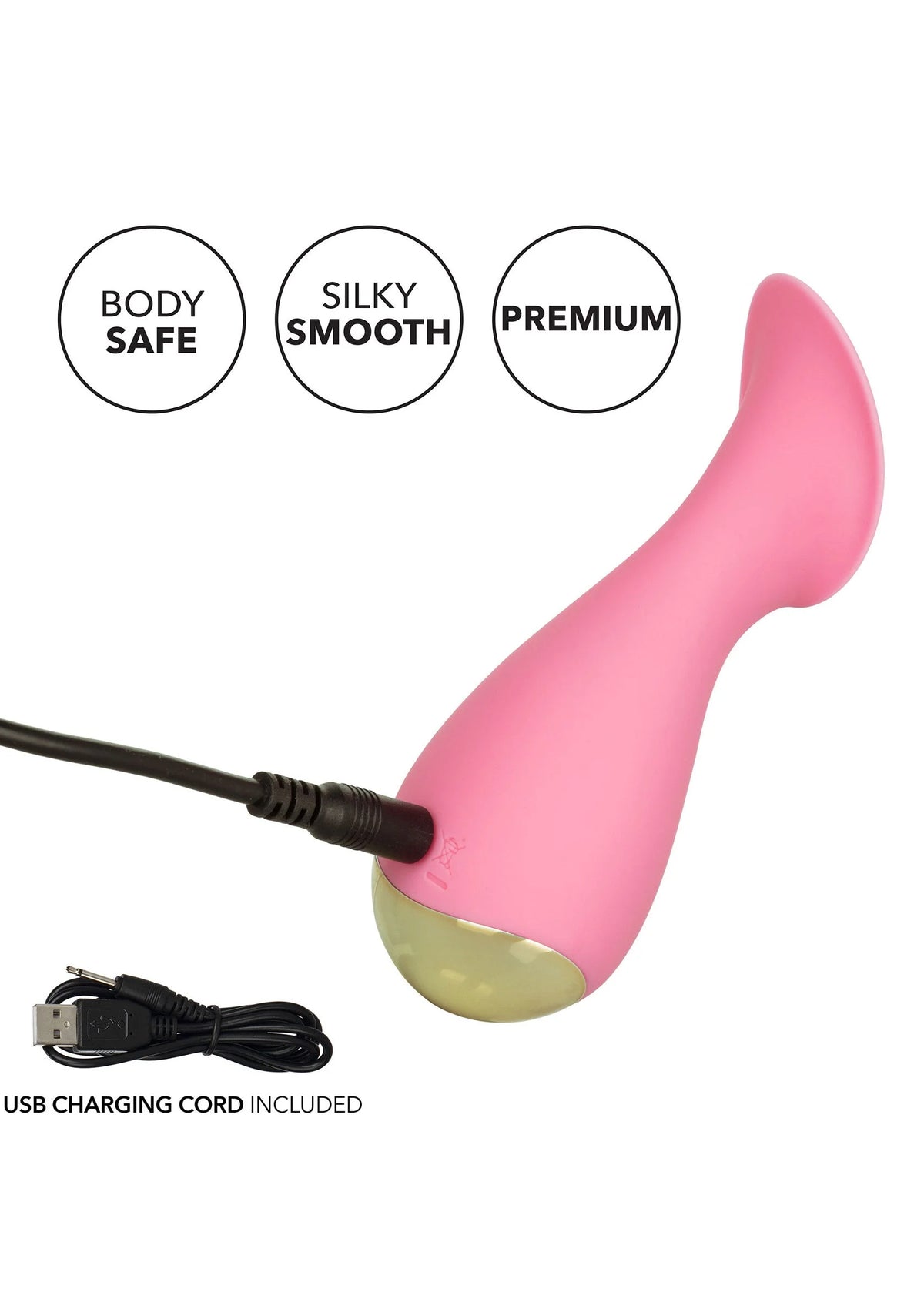 Roze siliconen vibrator met USB-laadkabel en knoppen; premium en silkysmooth labels