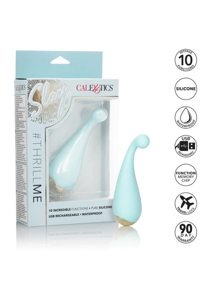 Doos met lichtblauwe siliconen vibrator en 10 functies; USB-oplaadbaar label op verpakking