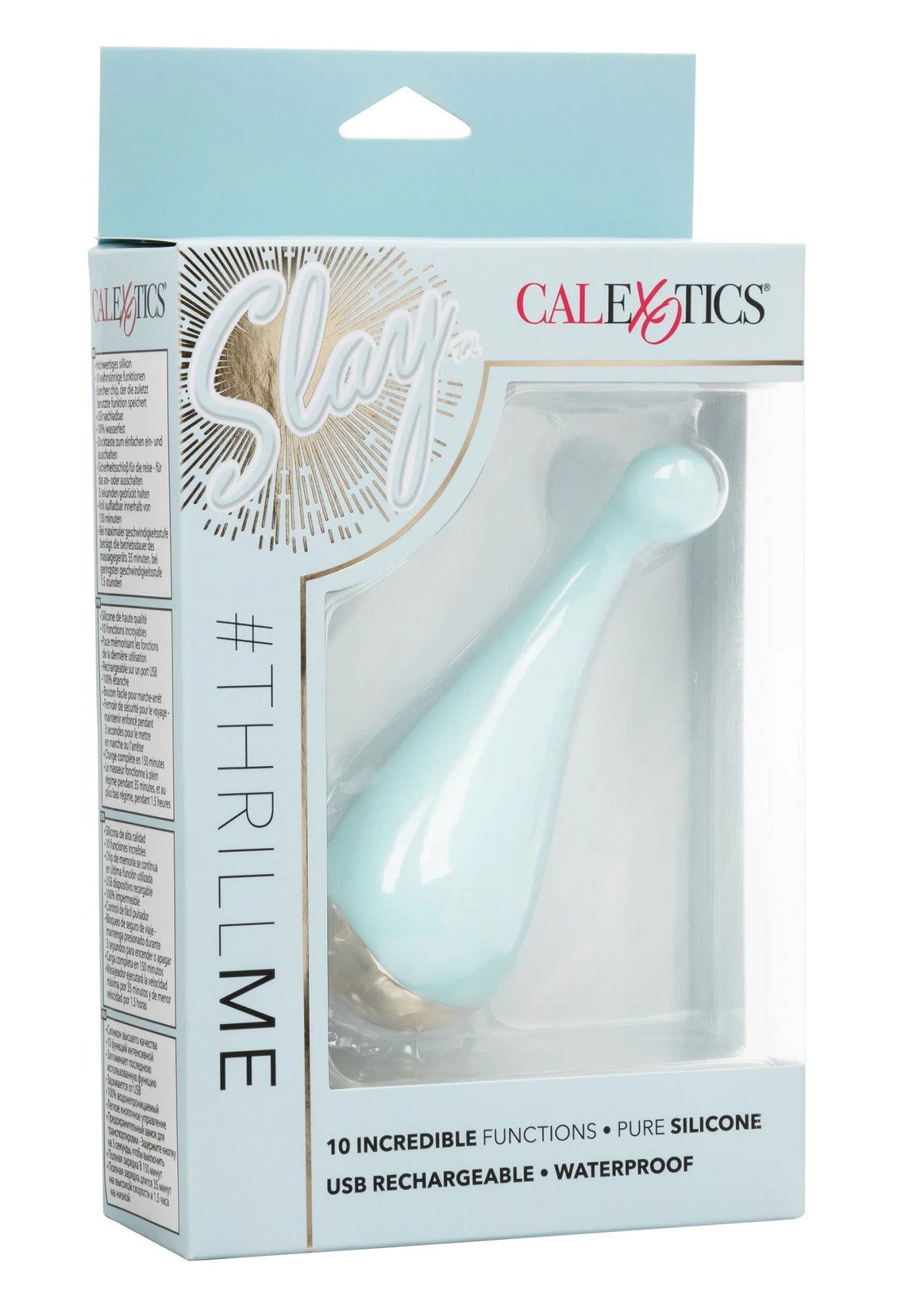 CalExotics Slay #ThrillMe doos met lichtblauwe siliconen vibrator in doorzichtige verpakking
