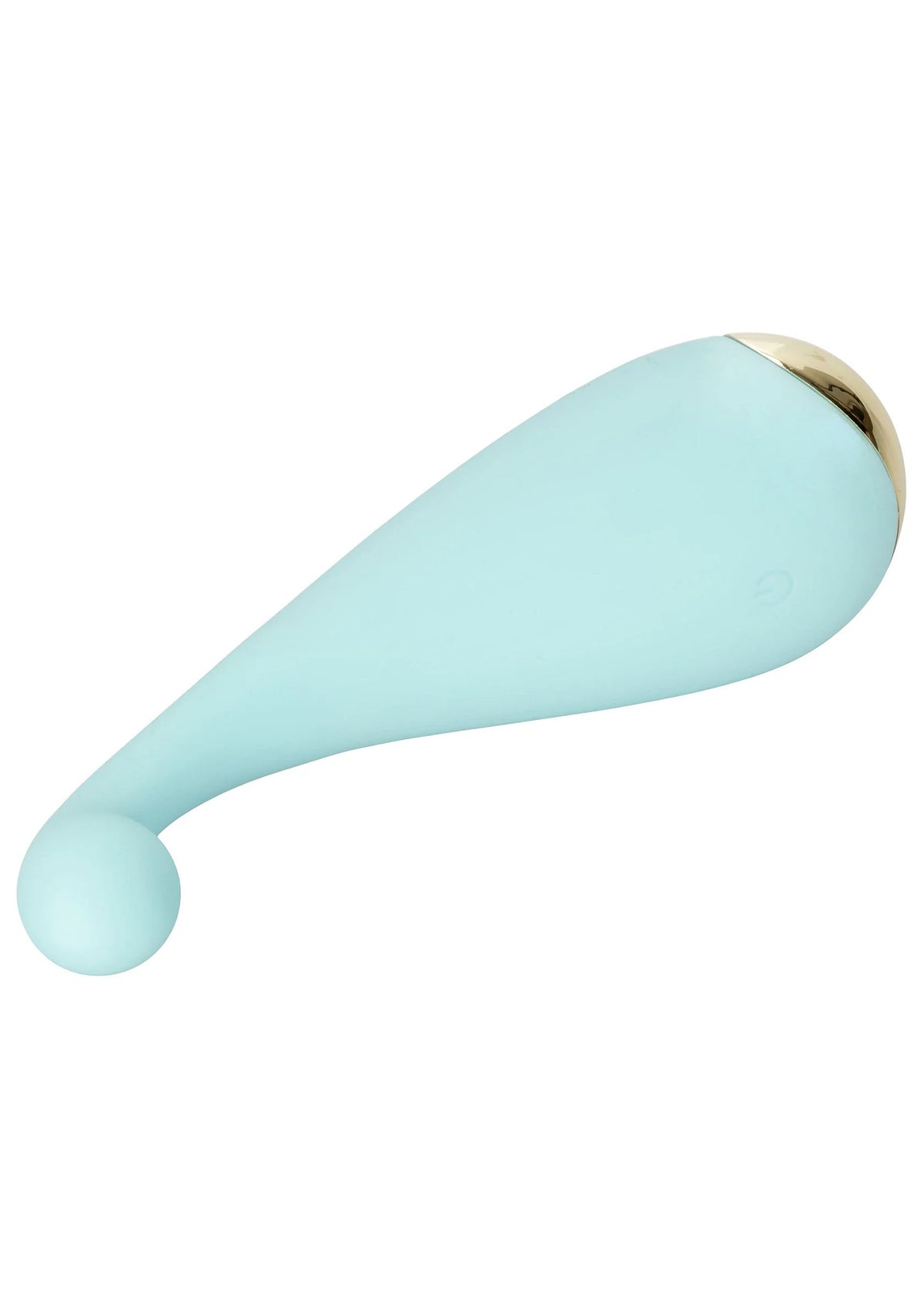 Lichtblauwe siliconen vibrator zijaanzicht met ronde kop en goudkleurige basisrand