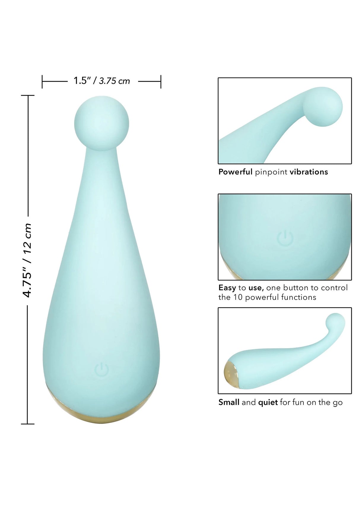 Lichtblauwe siliconen vibrator met ronde kop, smalle steel en goudkleurige onderkant