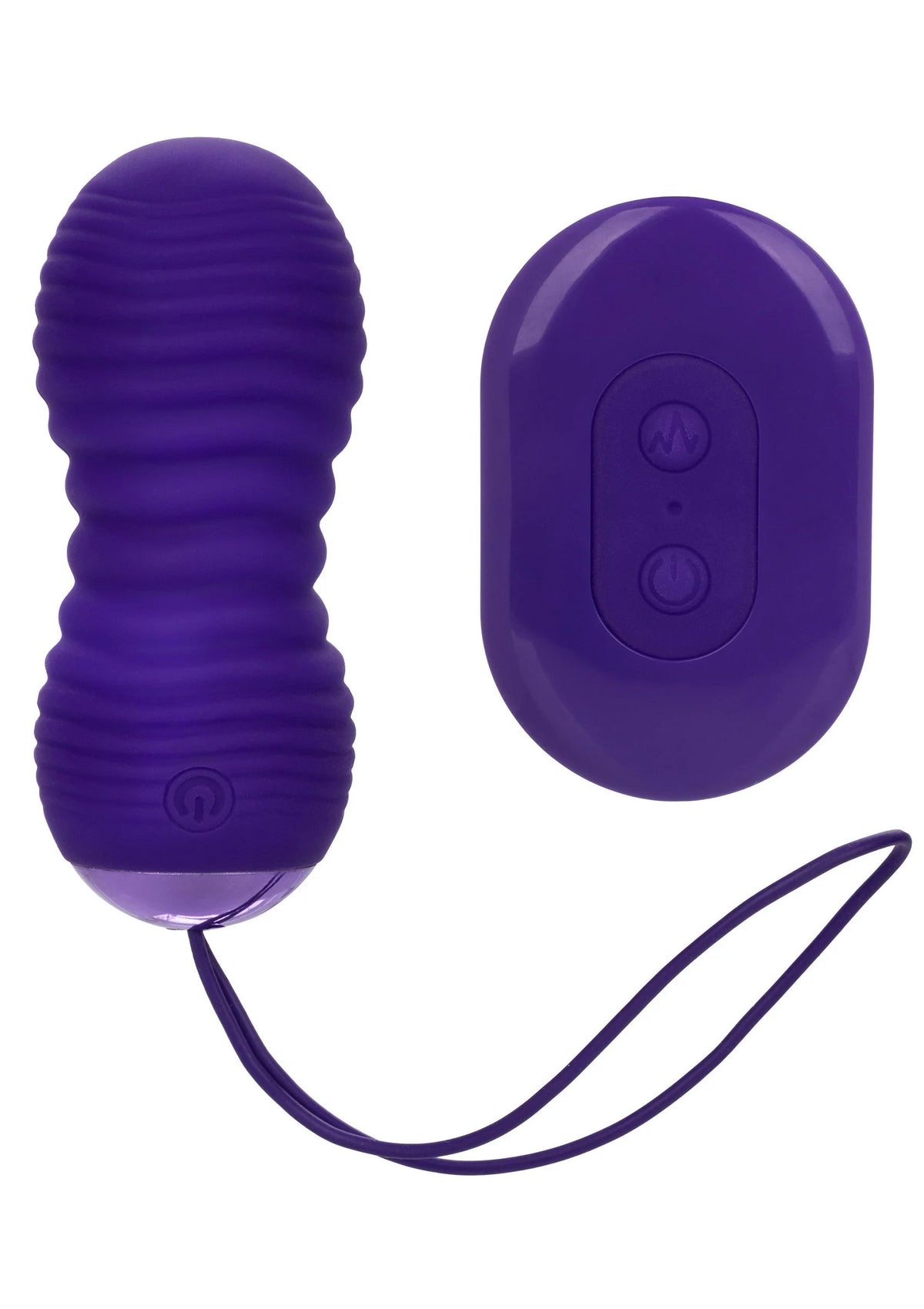 Paars geribbelde thrust-massager met ovale afstandsbediening en koord
