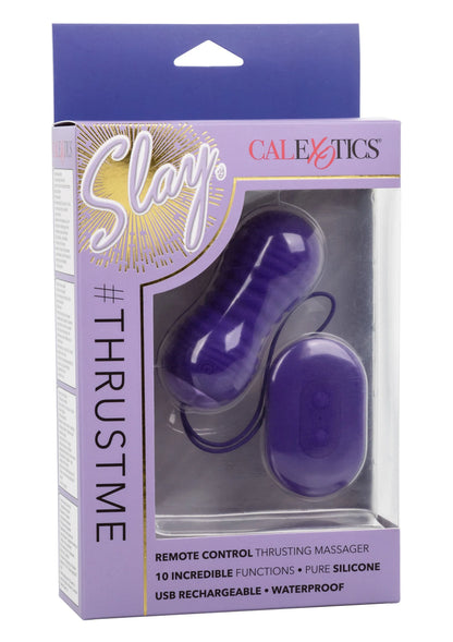 Paarse afstandsbediende thrusting massager in verpakking met bedieningseenheid