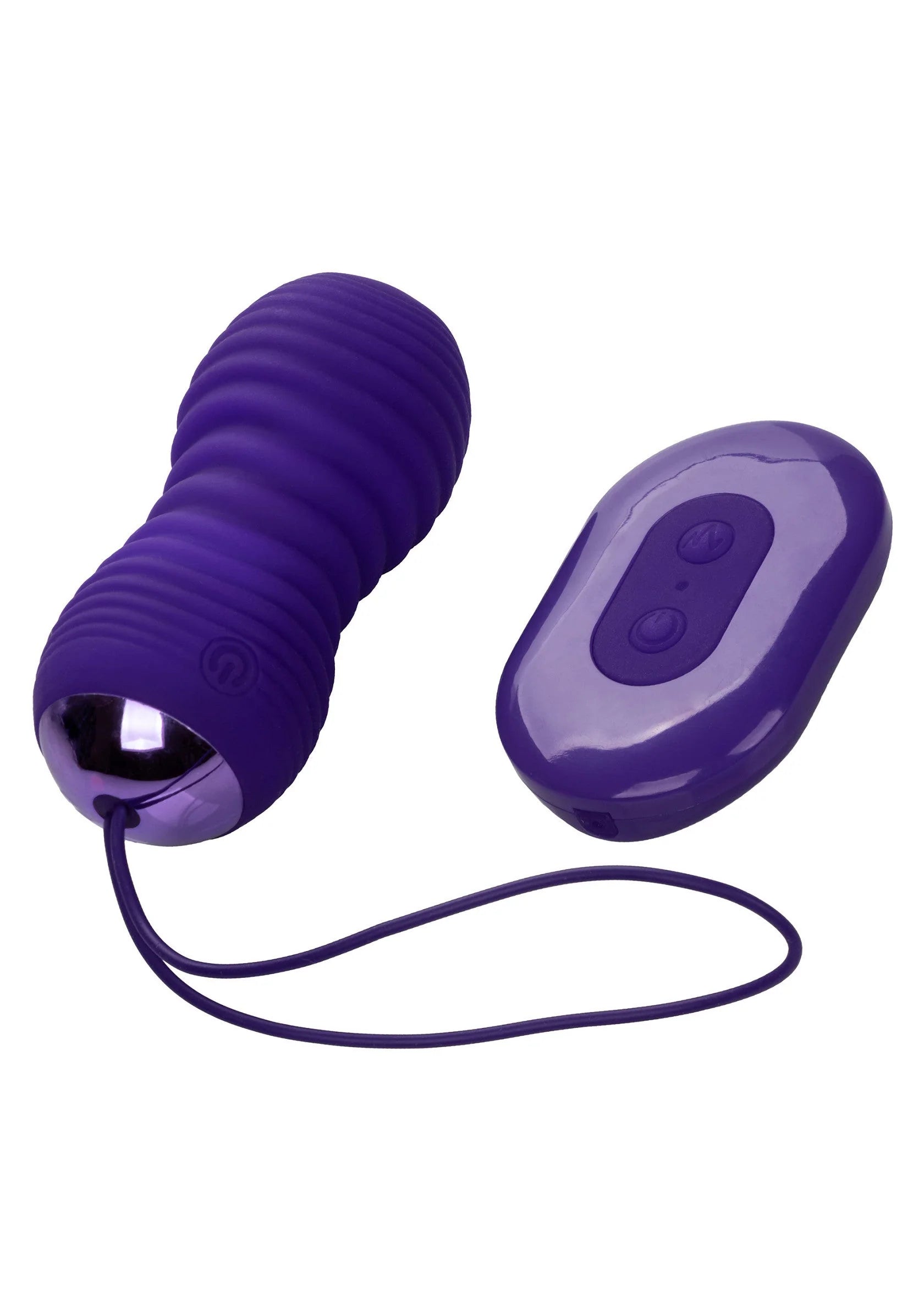 Paarse geribbelde thrusting vibrator met luskoord en brede onderkant