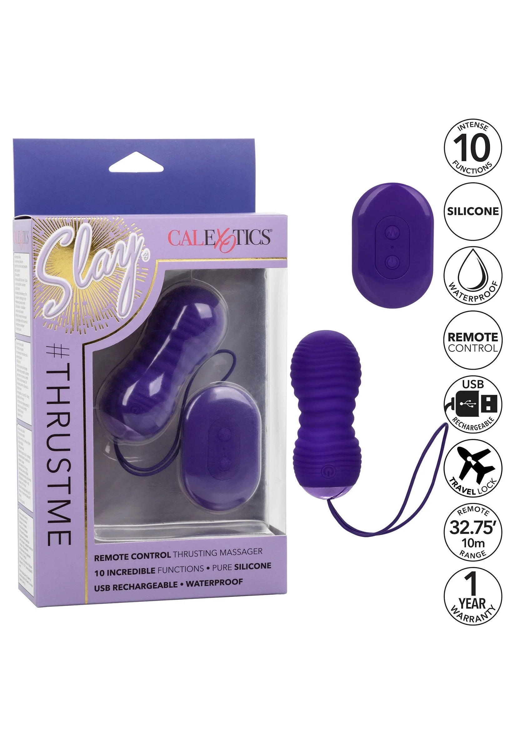 Paarse thrusting massager set in doos met afstandsbediening en USB-oplaadkabel