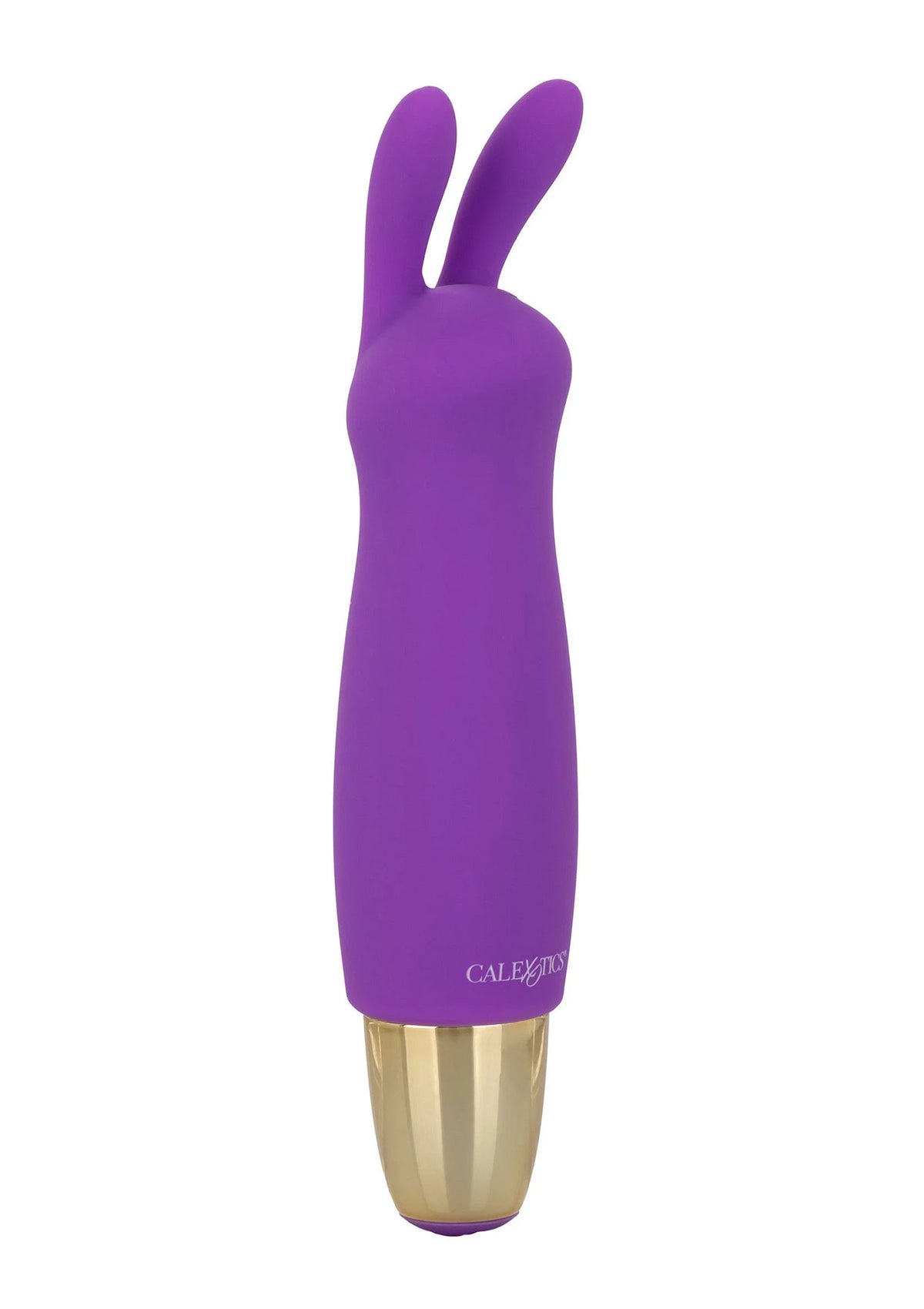 Paarse vibrator met konijnenoren en gouden onderkant.