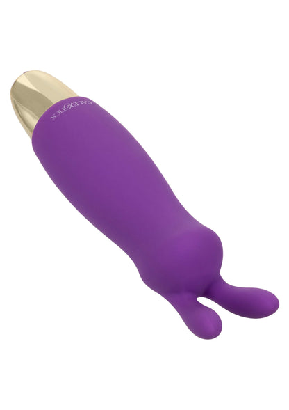 Paarse silicone vibrator met twee oortjes, zijaanzicht