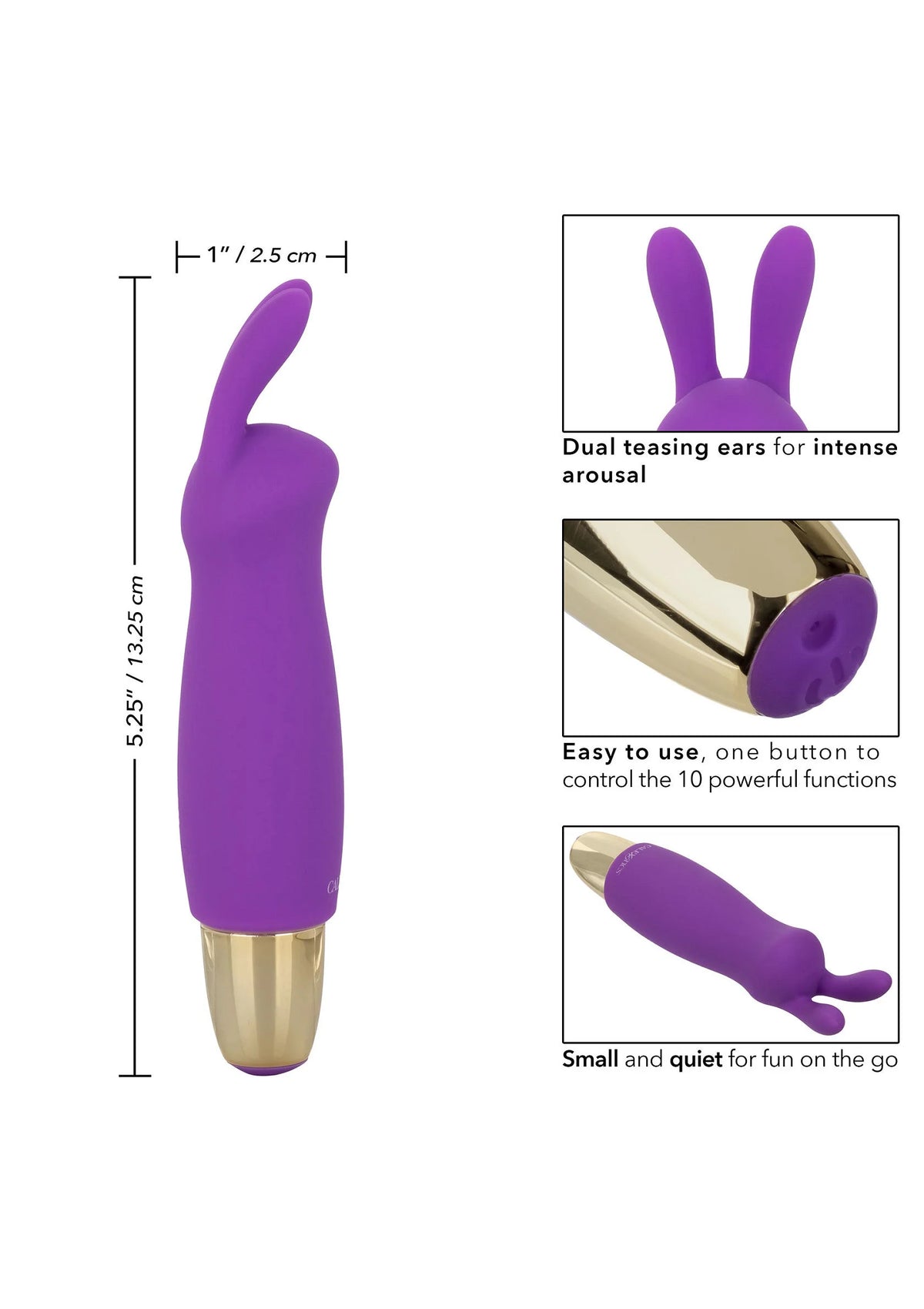 Paarse silicone vibrator met dubbele oortjes, staand afgebeeld