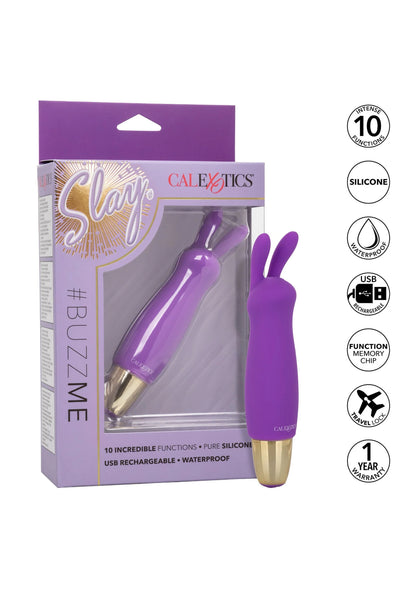 Doos met paarse vibrator Slay van CalExotics, met 10 en USB-symbolen