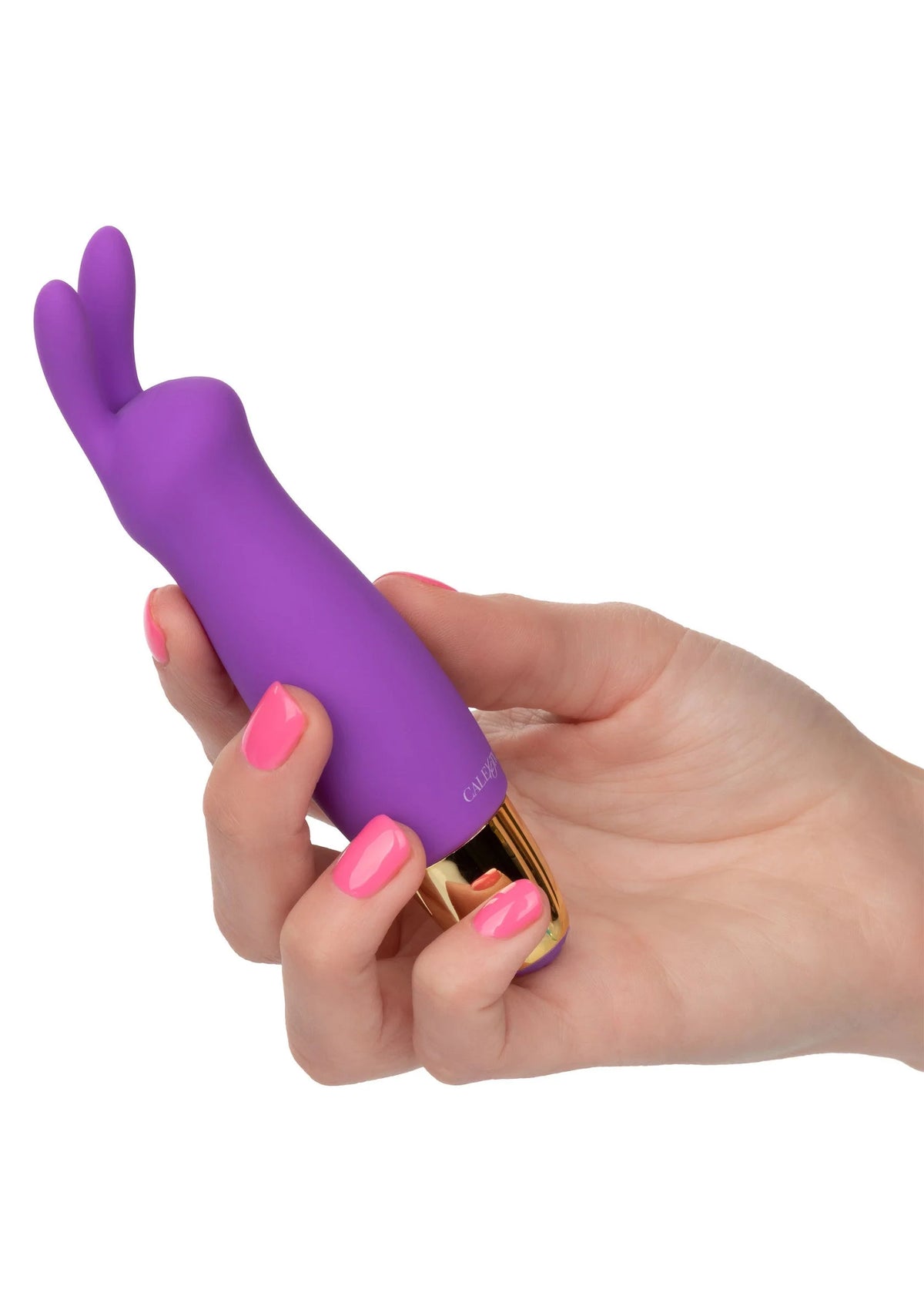 Paarse silicone vibrator in hand, met twee oortjes en metalen onderkant