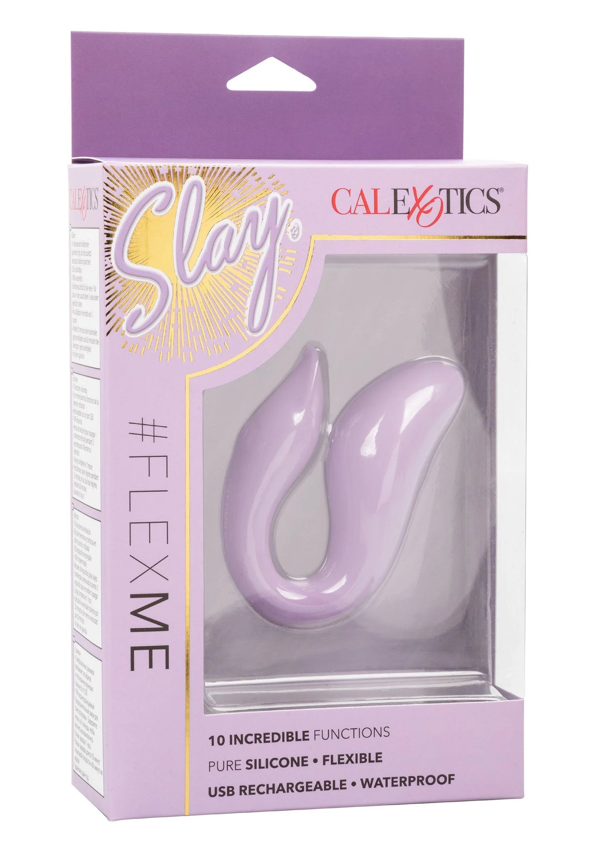 Verpakkingsdoos met CalExotics en paarse flexibele vibrator in blister