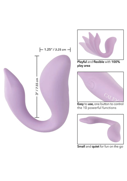 Paars S-vormig vibratorbeeld met maatindicatie en functie-illustraties op doos
