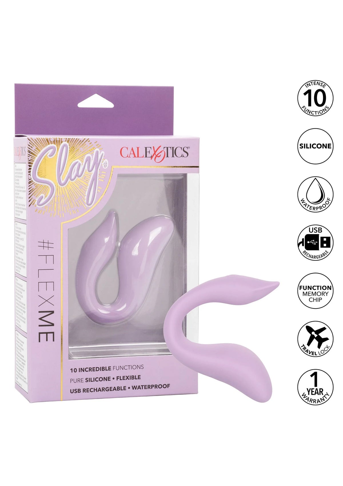 CalExotics verpakkingsdoos met paarse vibrator en keurmerken