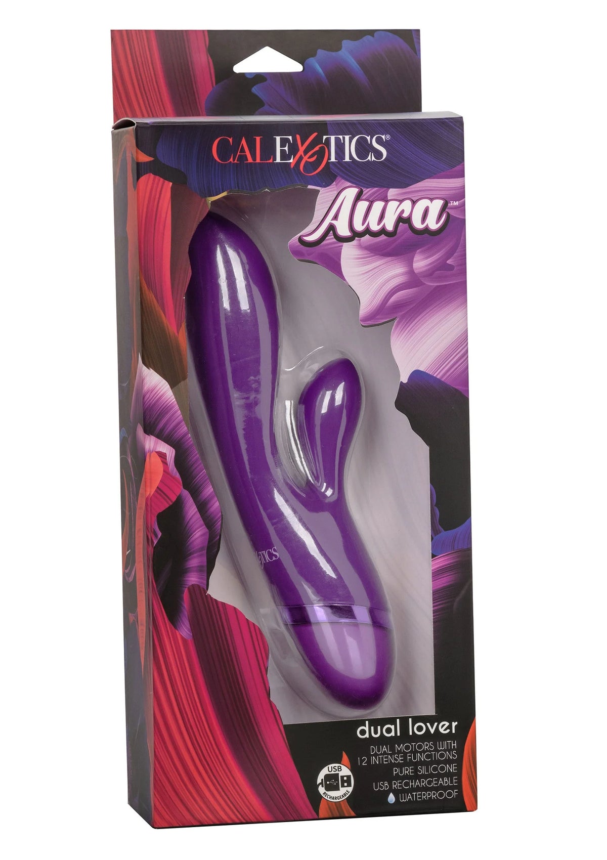 CalExotics Aura dual-liefdesvibrator in paarse verpakking.