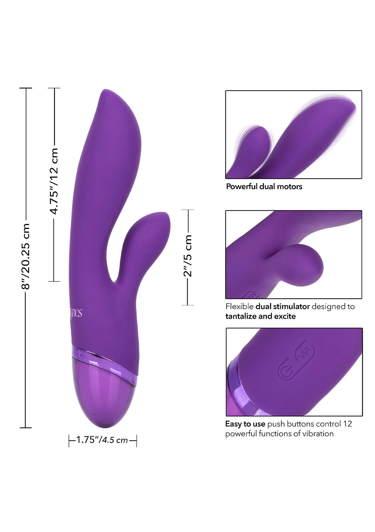 Paarse dual-liefdesvibrator met twee flexibele uiteinden en afmetingen.