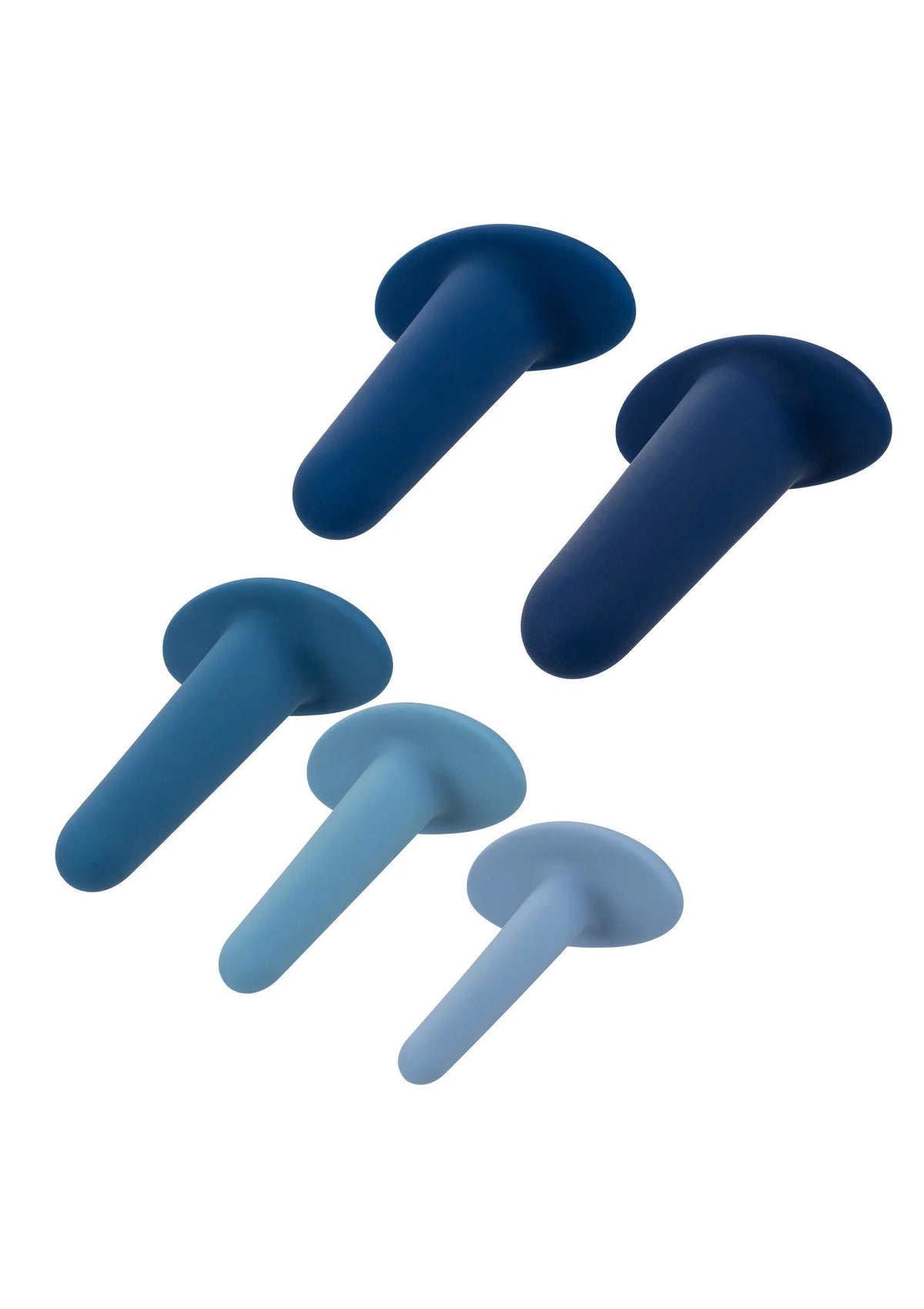 Set van vijf siliconen anal trainingsdilatoren in blauw en lichtblauw
