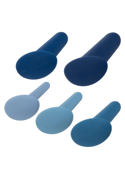 Vijf siliconen anal dilatoren los op een rij in blauw en lichtblauw