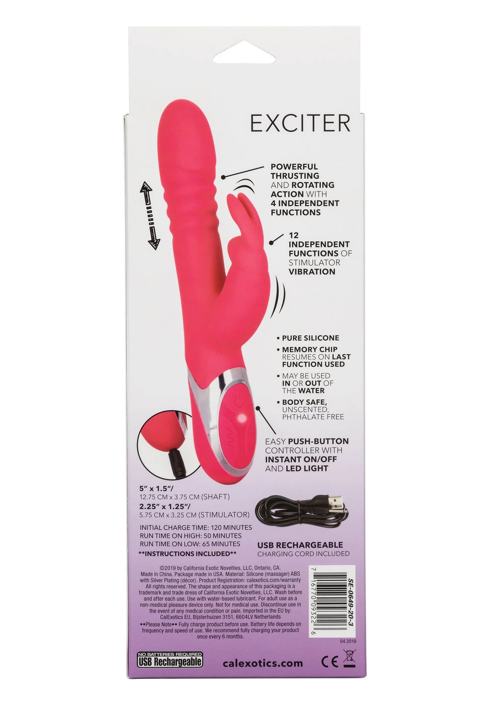 Rode CalExotics konijnenvibrator op verpakking, met handgreep en dubbele opzet