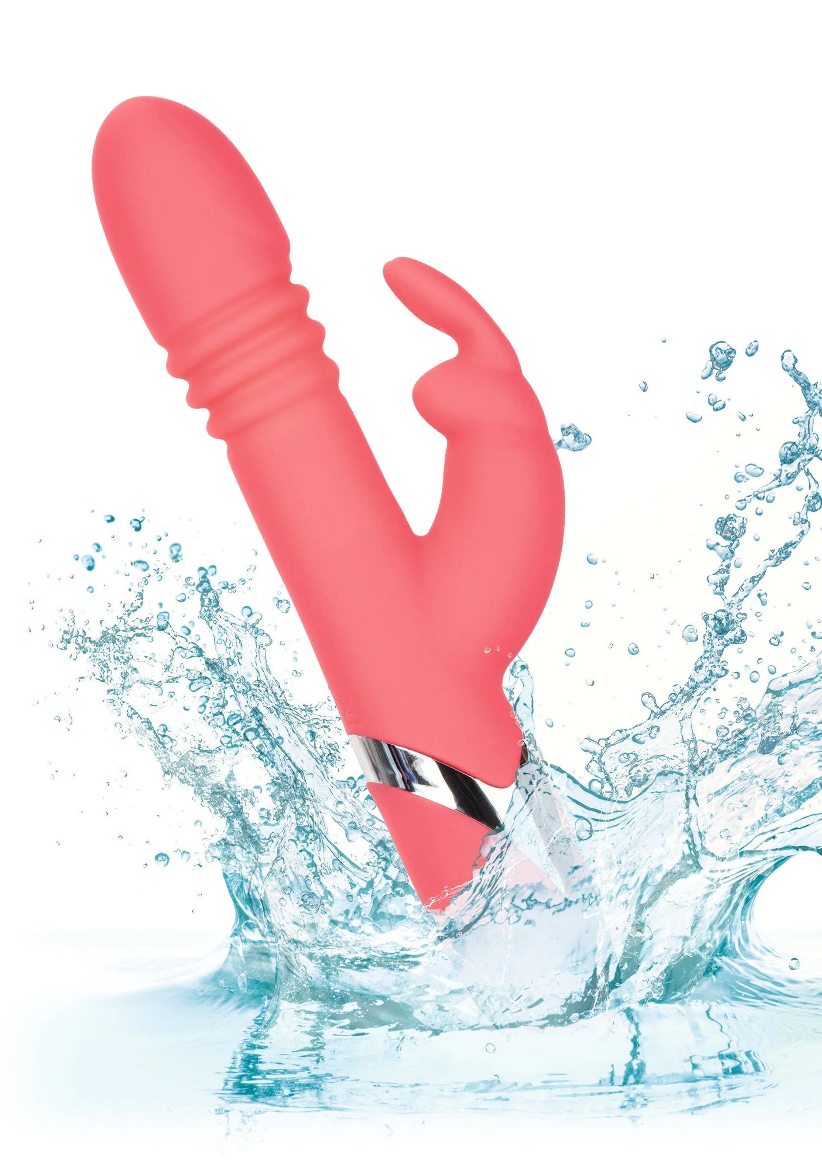 Rode konijnenvibrator met water spatten, siliconen vorm en ronde bedieningskop