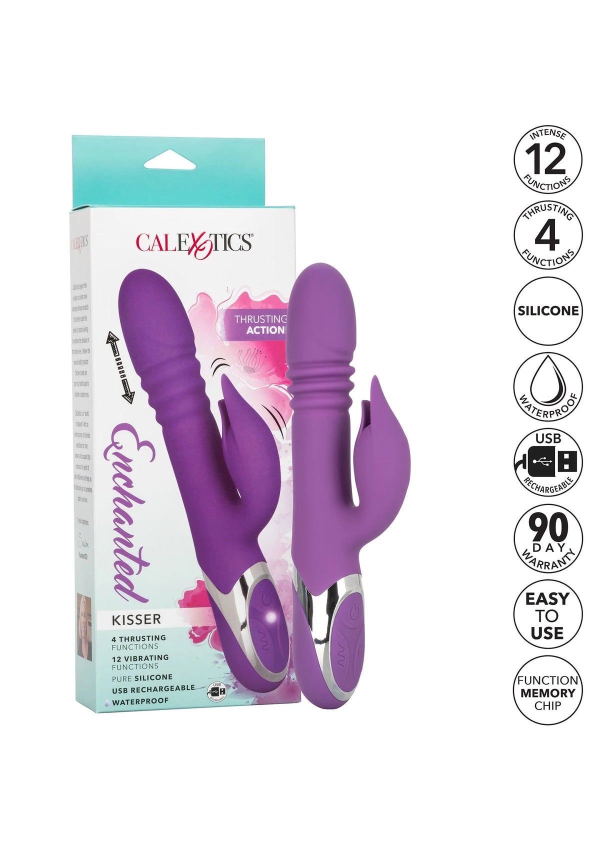 Verpakte paarse CalExotics Kisser-vibrator met productillustratie en keurmerk