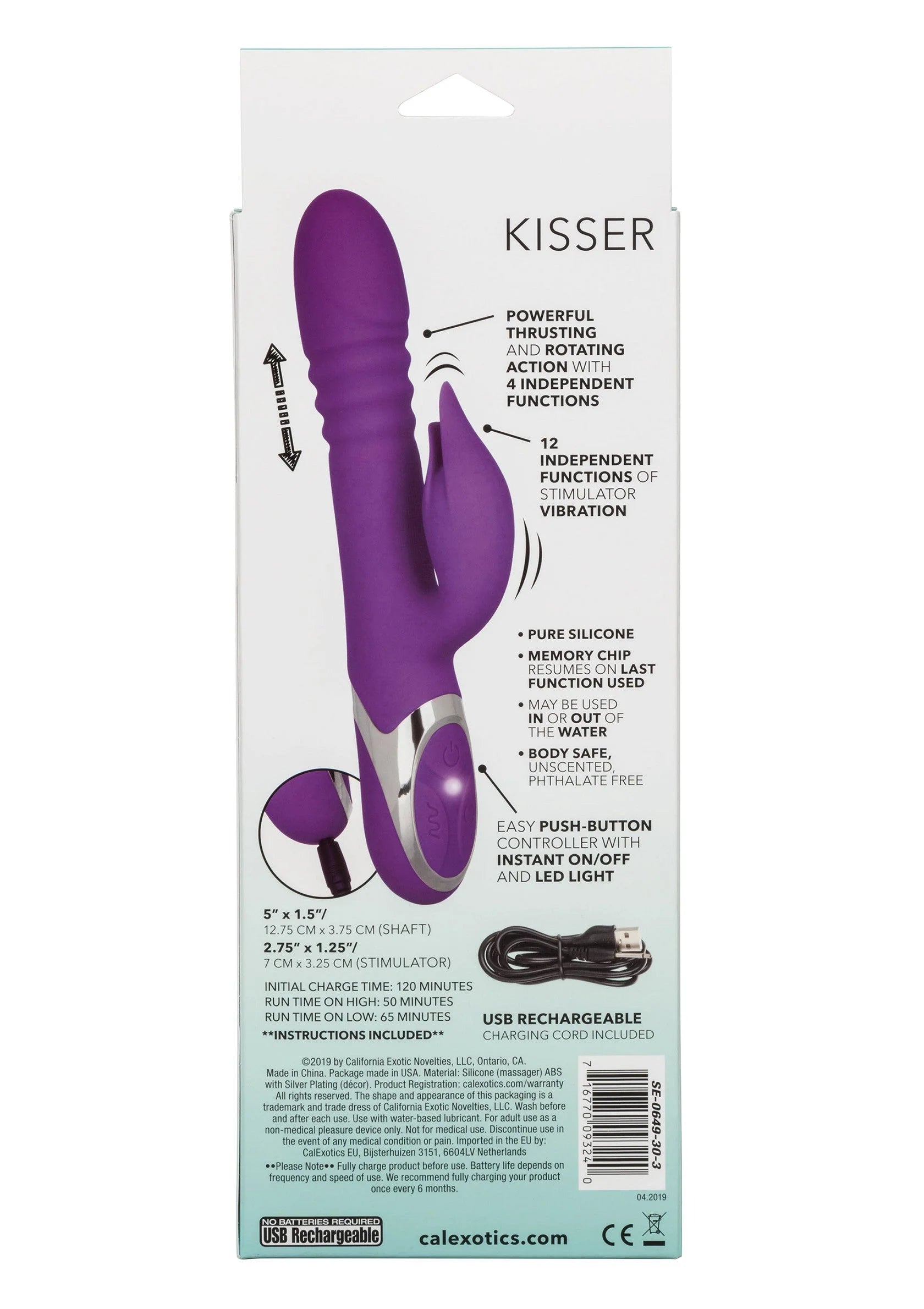 Achterzijde verpakking met afbeelding van paarse Kisser-vibrator en technische indicaties