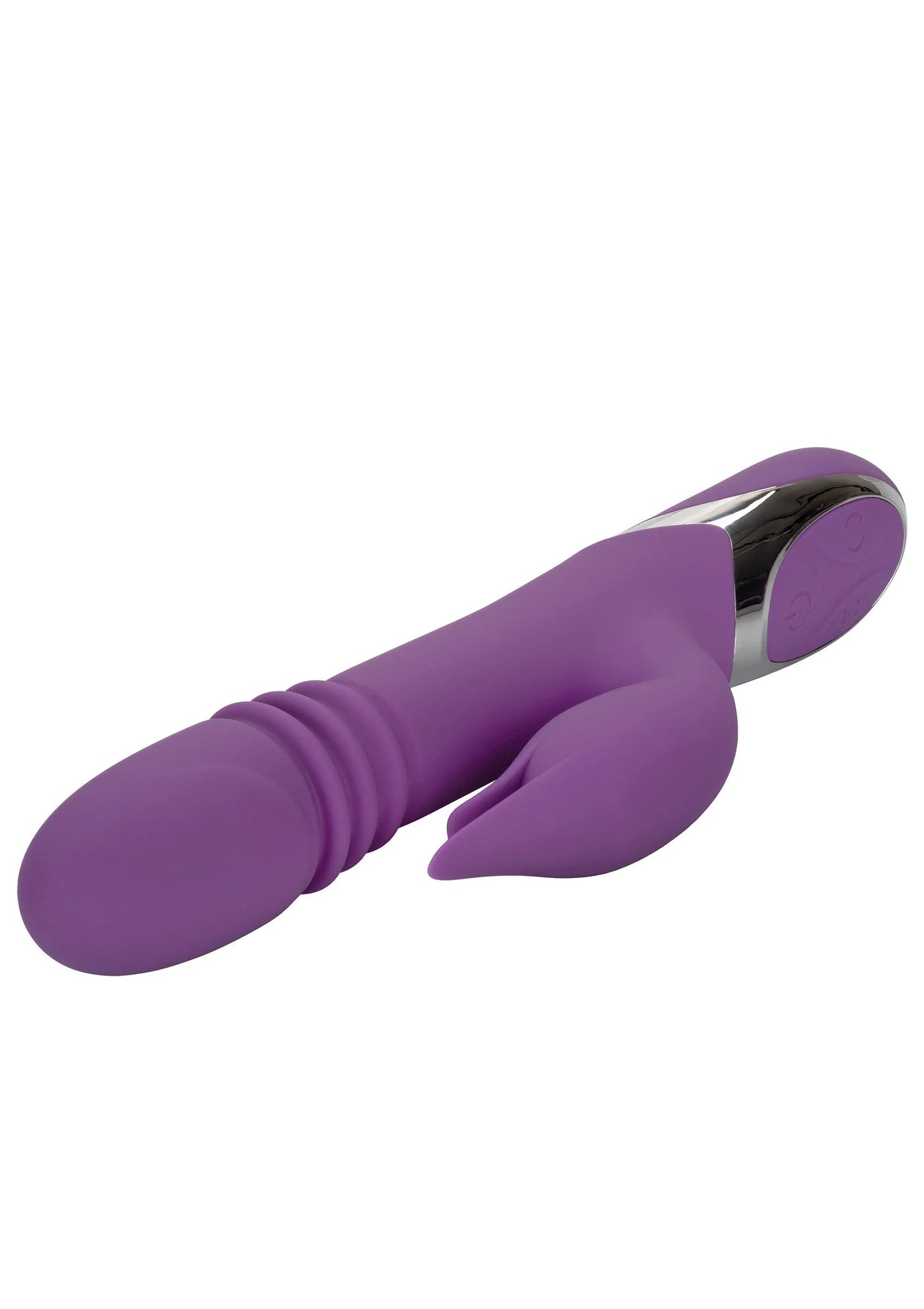 Paarse vibrator in zijaanzicht met afgeronde kern en zilveren onderkant