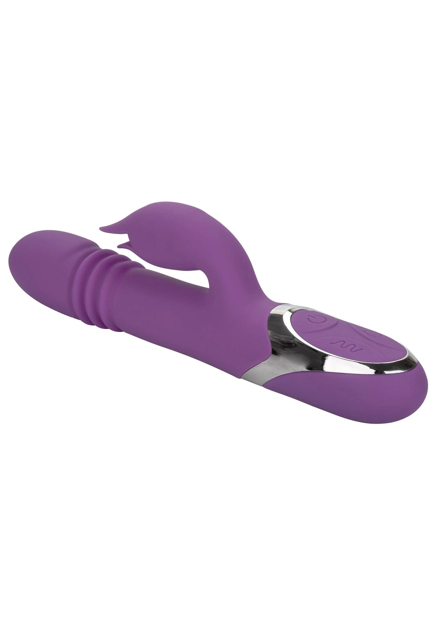 Paarse kisser-vibrator met ovale zilveren bedieningszone bovenop