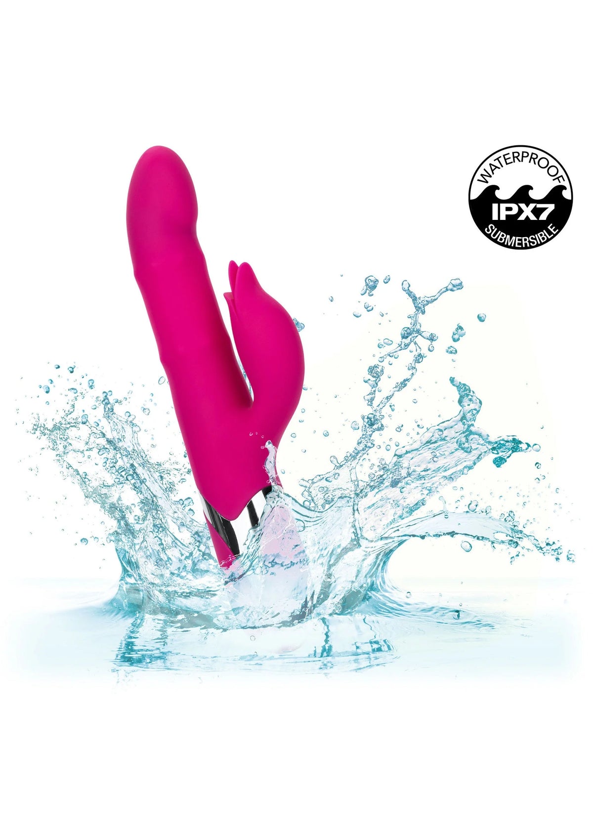 Roze waterbestendige vibrator met twee koppen, spatten rond het apparaat