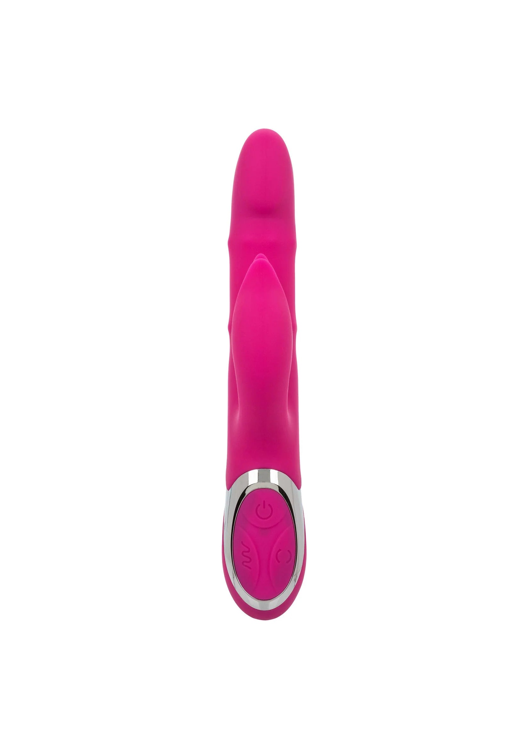 Roze vibrator met smalle steel, ronde kop en zilveren inzetstuk