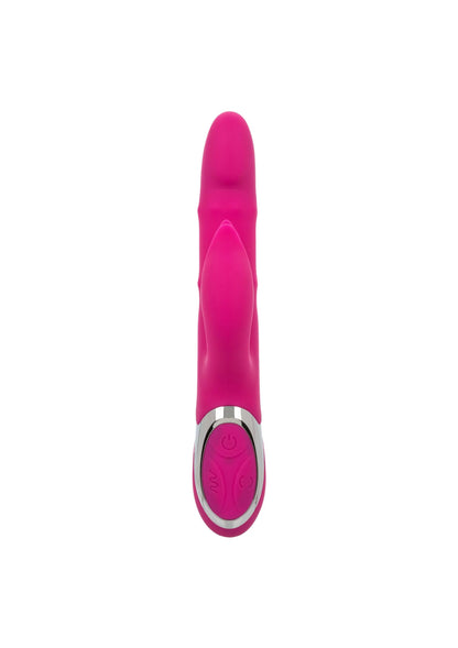 Roze vibrator met smalle steel, ronde kop en zilveren inzetstuk