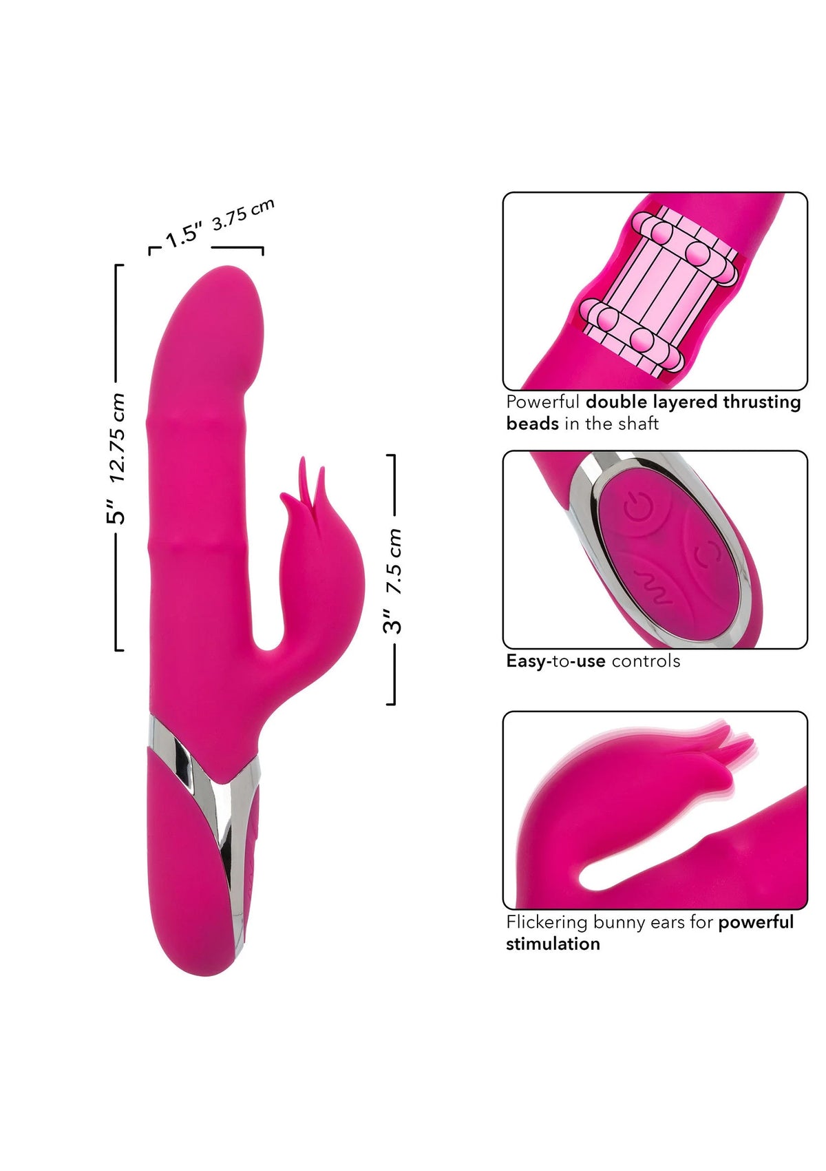 Roze vibrator met gebogen vorm en twee opzetstukken, zijaanzicht