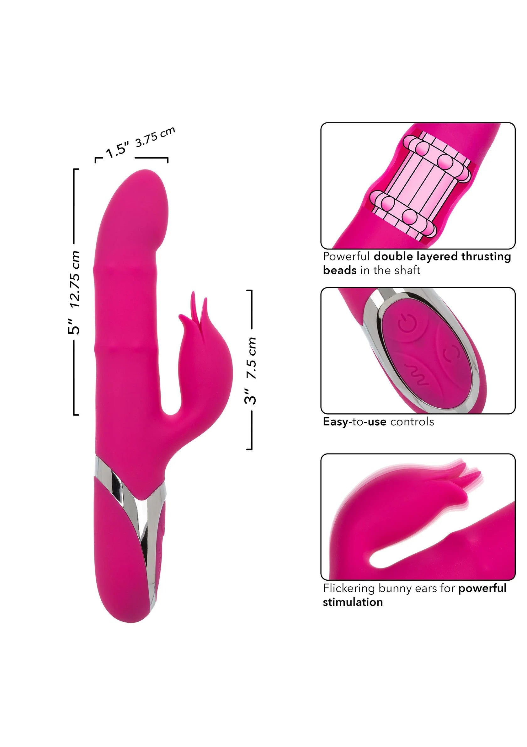 Roze vibrator met gebogen vorm en twee opzetstukken, zijaanzicht
