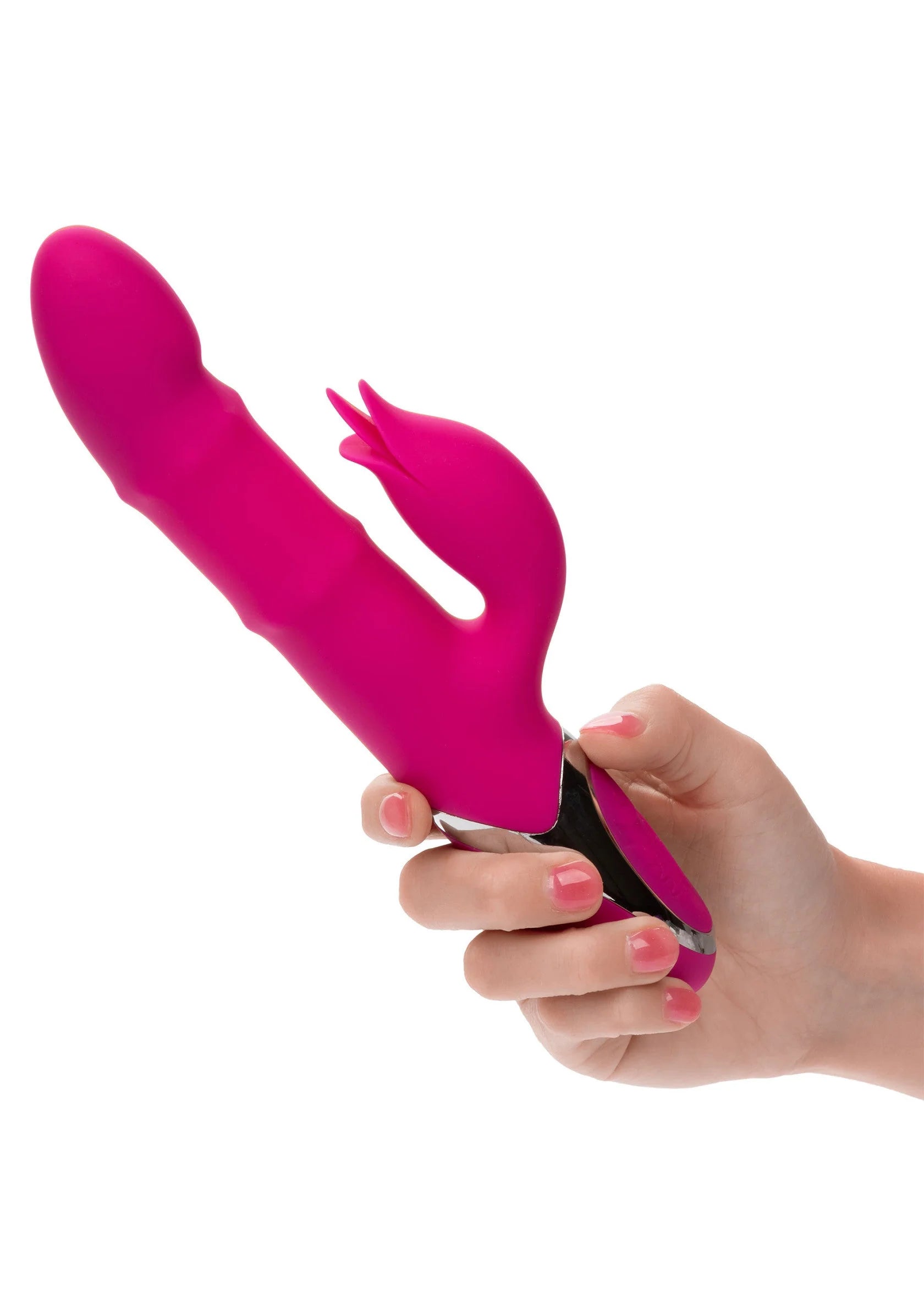 Roze vibrator in hand met gebogen dubbele koppen en bedieningsknop