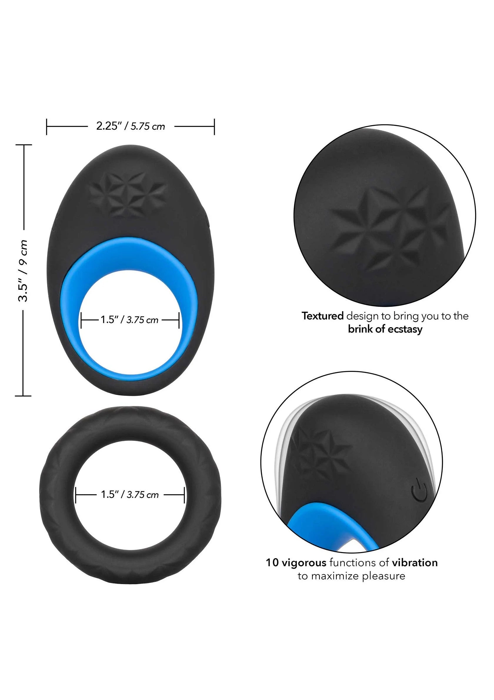 Cockringset met afmetingen: zwart ovaal toestel en zwarte ring met blauwe inzet