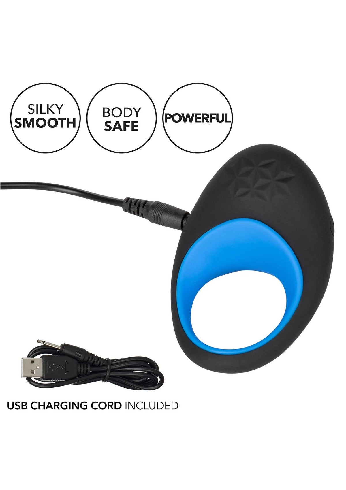 Vibrerende cockring met USB-oplaadkabel, zwarte teardrop behuizing met blauwe ring
