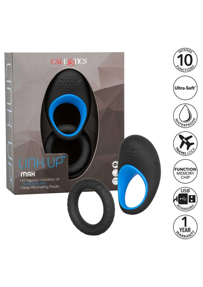 Cockringset met verpakking, zwart ovaal toestel met blauwe opening en losse zwarte ring